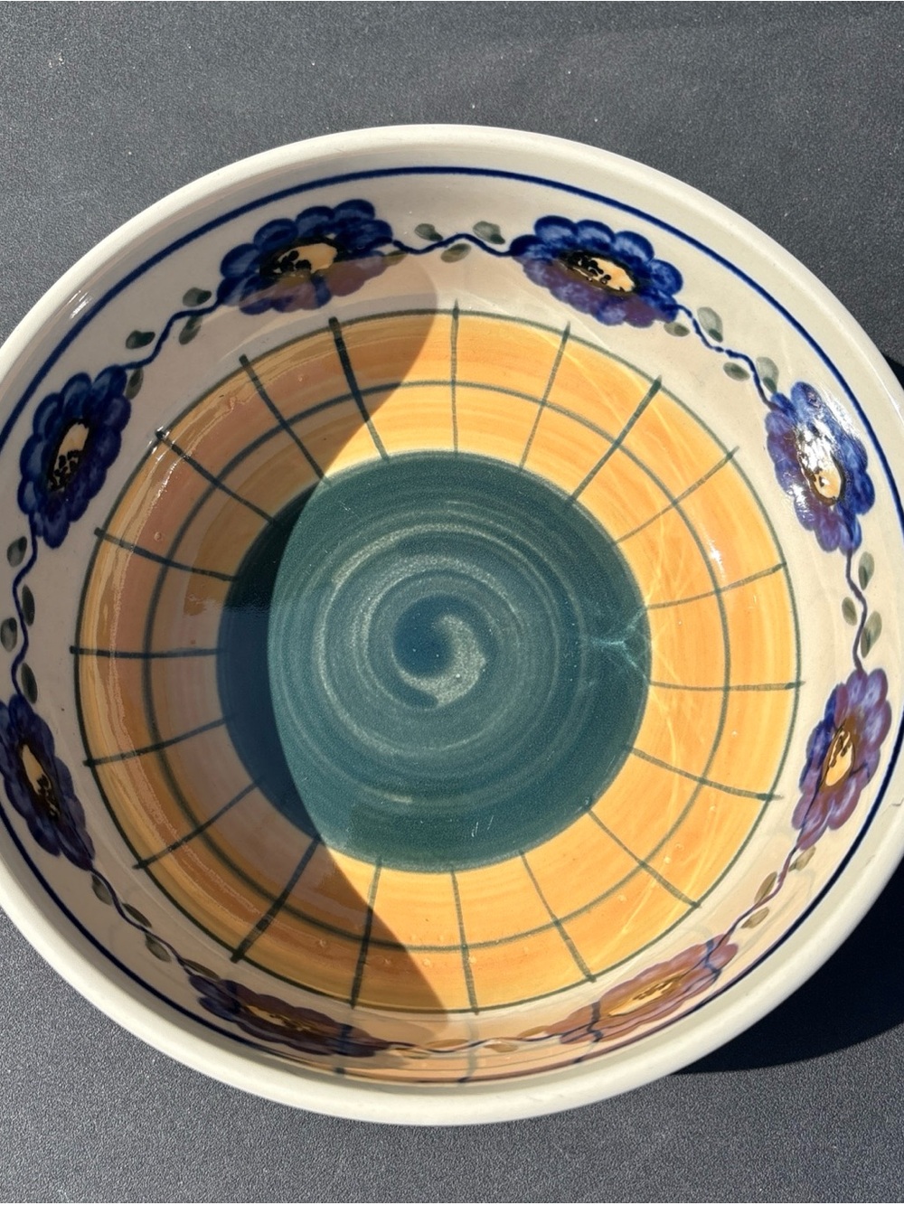 Boleslawiec Hand Painted Polish Pottery Serving Bowl Floral 7.75”d x 3”h blue